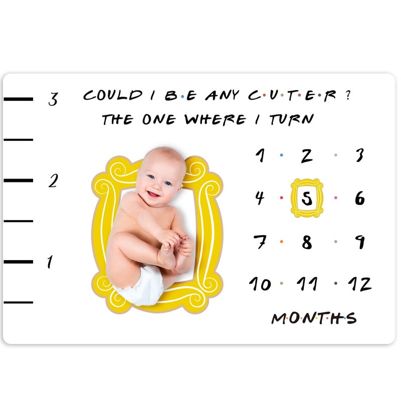 CQNET Friends Baby Milestone Blanket, TV Show Merchandise Gift for Baby Shower, Newborn Essentials Photo Props for Age and Growth, Yellow Frame Included, 50'' X 60'' - Image 1